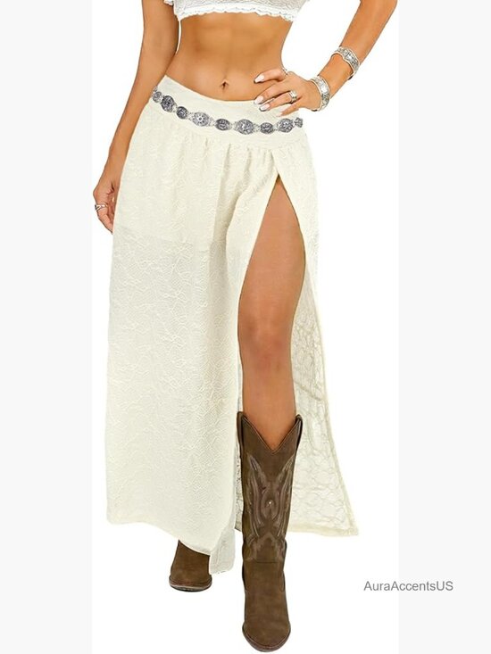 Dresses & Skirts - Boho Lace Maxi Skirt High Slit Ruffle Cowgirl Country Concert Outfit
